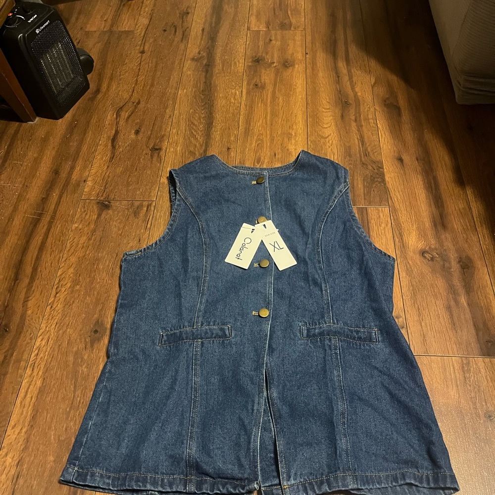 Sleeveless Dark Blue Denim Vest - Tailored Women's Jacket - Picture 2 of 4